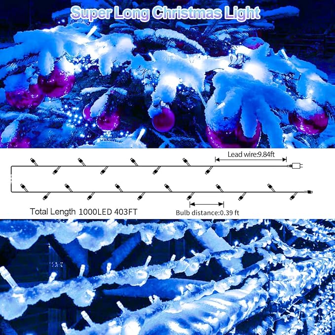 JXLEDAYY 403 FT 1000 LED Christmas Lights Outdoor Fairy Lights Plug in Extra Long String Lights Clear Wire Waterproof 8 Modes Timer for Outside House Tree Garden Yard Wedding Party Decorations-Blue
