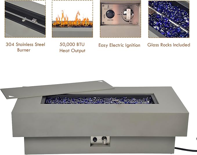 48-inch Fire Table with 20lb Propane Tank Cover, 50,000BTU Outdoor Modern Patio Fire Pit Table w/Rectangular Burner Lid, Glass Rocks, Pre-Attached 10ft External Gas Hose