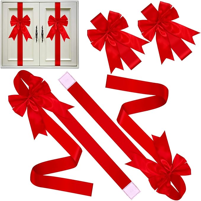 BBTO 6 Pcs Christmas Cabinet Door Red Festive Ribbons 8x40 Inches Large Bow Christmas Wreath Tree Bow Festival Wrapping Decorations for Home Fireplace Door Holiday Party Supplies