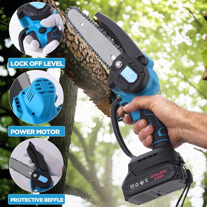 6 Inch Mini Chainsaw Cordless - Powerful 850W Electric Chainsaw with Dual 21V Batteries, LED Light, Safety Features, Ideal for Garden, DIY, and Wood Cutting