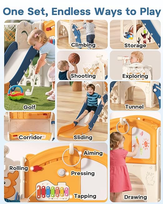 BIERUM Toddler Slide Set, 13 in 1 Kids Indoor Slide for Toddler 1-3, Indoor Outdoor Toddler Slide Playset with Basketball Hoop, Golf Game & Drawing Board, Baby Indoor Slide Playground, Blue&Yellow