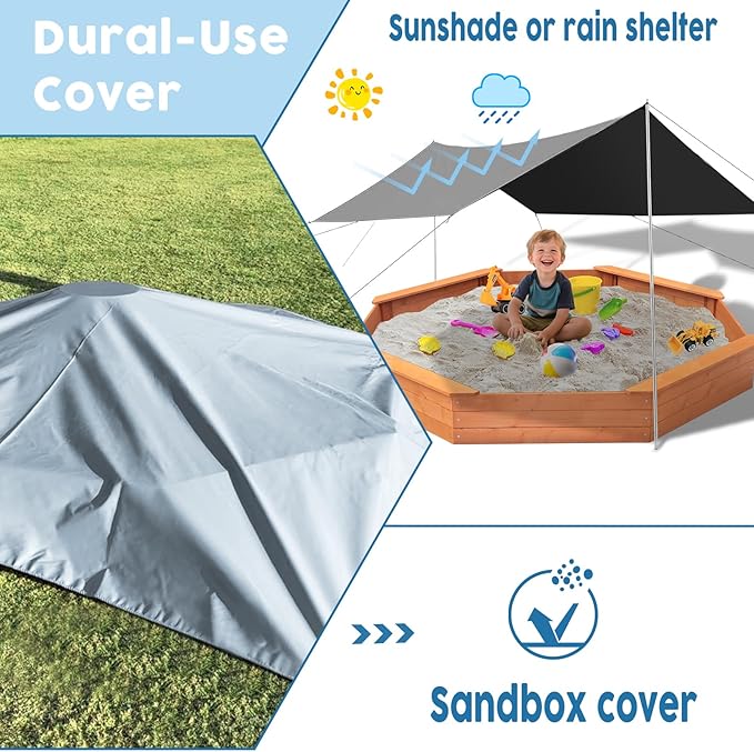 Kids Large Octagonal Wooden Outdoor Sandbox with Cover, 4 Built-in Benches Extra Large Sandpit, Bottom Liner, Playset Gift for Backyard Garden Easy Assembly