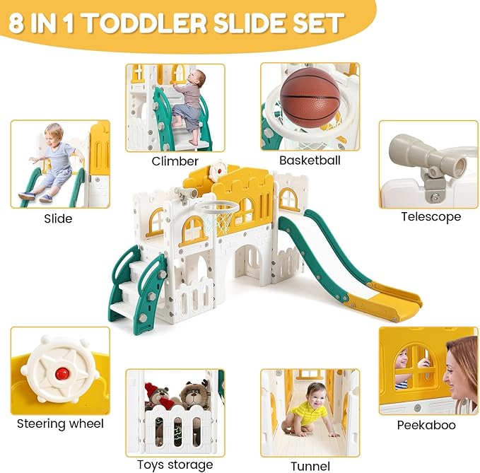 8-in-1 Toddler Slide and Climber Playset for Kids Ages 1-3, Indoor/Outdoor Playground with Basketball Hoop, Tunnel, Telescope, Steering Wheel & Storage, Orange-Green, American Standard
