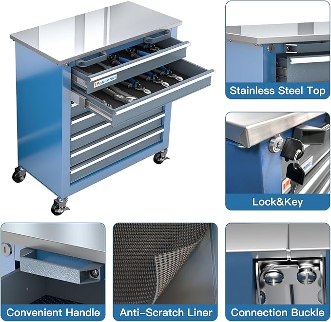 LARBANKE 7-Drawer Rolling Tool Chest with Stainless Steel Countertop,Tool Chest with Secure Locking System,Tool Cabinet with 360¡ÆWheels and Padded Feet,for Home, Garage and Office