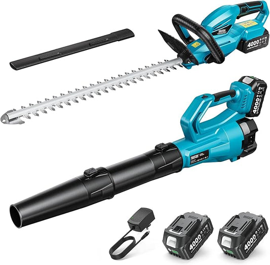 SEESII Cordless Hedge Trimmer and Leaf Blower Combo, 2 Pcs 4.0Ah Batteries, Electric Handheld Bush Trimmer with 20 Dual-Action Blade, Lightweight Brushless Blower with 2 Speed Modes for Yard Garden