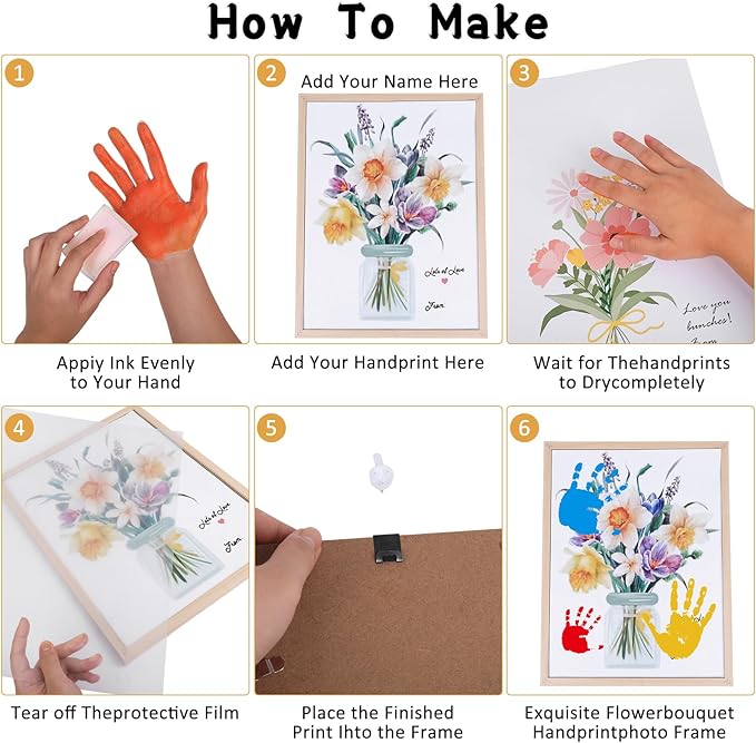 PANIED Mom Birthday Gifts - Flower Bouquet Handprint Art Craft DIY Kit, Unique Birthday Christmas Gifts and Decorations for Grandma(12X16in)