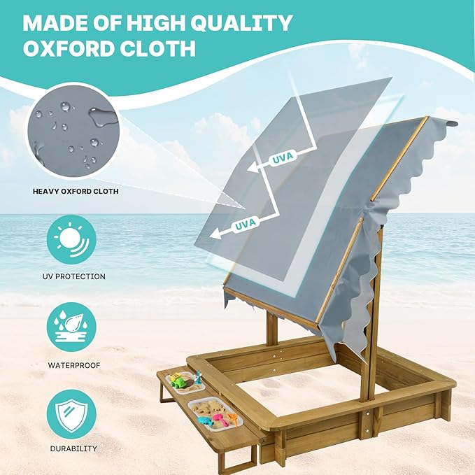 Outdoor Kids Sandbox with Lid, Wooden Sand Box with Cover, with 2 Side Buckets, Adjustable Canopy & UV-Protection, Smooth Surface, Sand Box for Kids Ages 2-8£¨45.3x45.3in£©