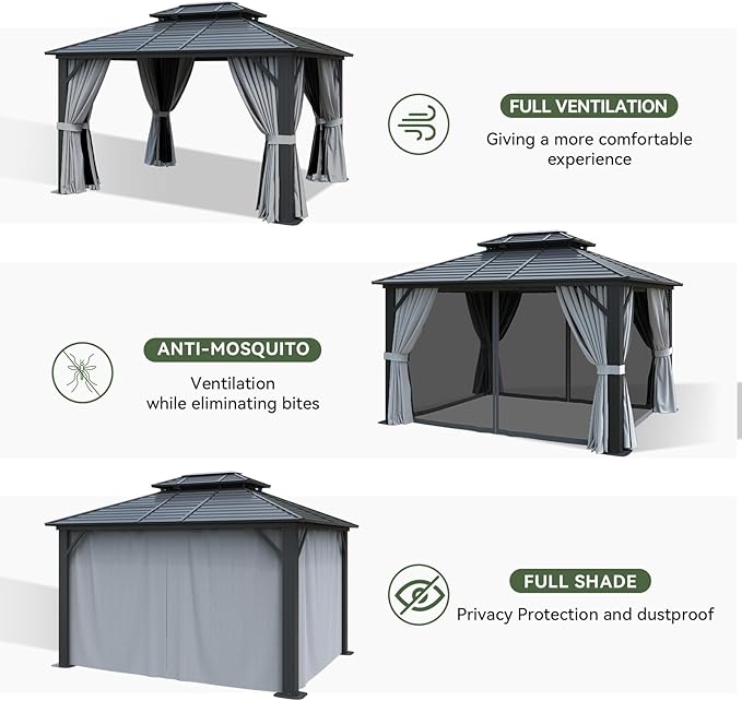 Aoxun 10'x 12' Hardtop Gazebo, Outdoor Dual-Layer Galvanized Steel Double Roof Aluminum Furniture Gazebo Canopy with Netting and Curtains for Deck Backyard Wedding Garden
