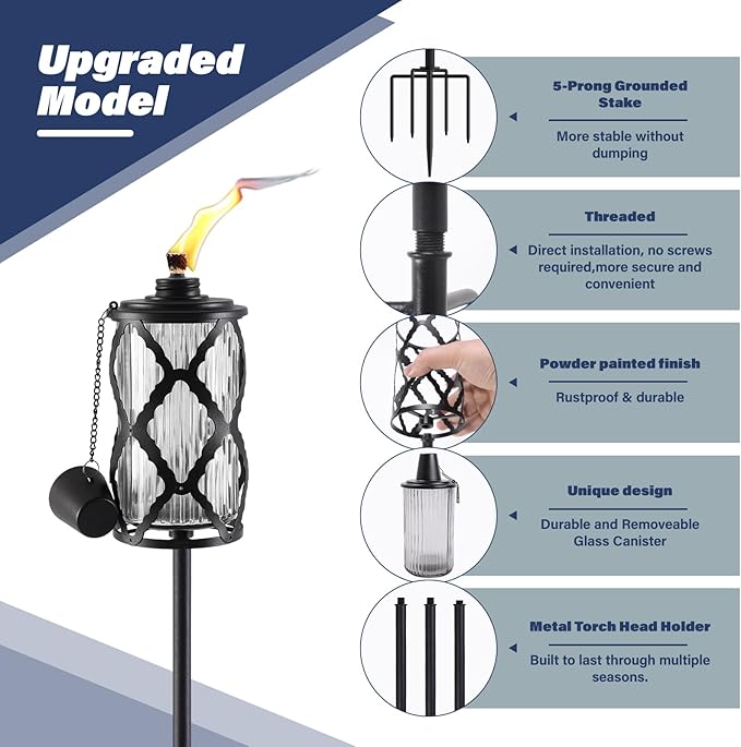 4 Pack Gray Glass Garden Torch,59-Inch Outdoor Torch Garden Décor, Upgraded 16 oz Citronella Torches with 5-Prong Grounded Stake,Metal Light Torches for Party Patio Pathway