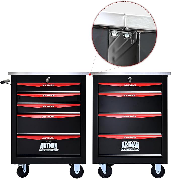 RYH 4/5/6/7 Drawers Rolling Tool Chest -Heavy Duty Mobile Metal Tool Box with Locking Wheels, with Stainless Steel Worktop, Garage Tool Storage Cabinet (Black, 5-Drawers 30.7 H¡¿22.2 W)