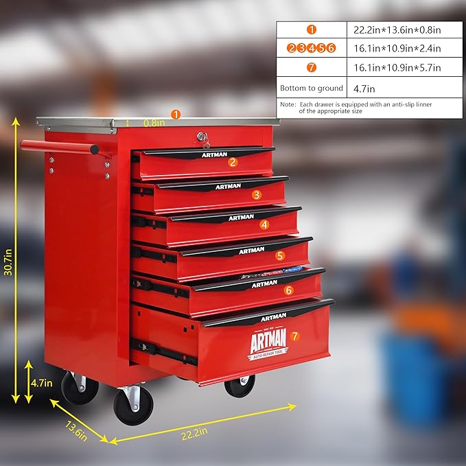 RYH 4/5/6/7 Drawers Rolling Tool Chest -Heavy Duty Mobile Metal Tool Box with Locking Wheels, with Stainless Steel Worktop, Garage Tool Storage Cabinet (Red, 6-Drawers 30.7 H¡¿22.2 W)