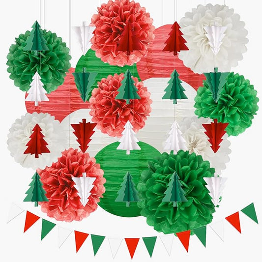 Red White Green Party Christmas-Decorations - 17pcs Tissue Paper Flowers Pom Poms Lanterns Birthday Banner 3D Christmas Tree Garland for Home Indoor Outdoor Hanging Decor
