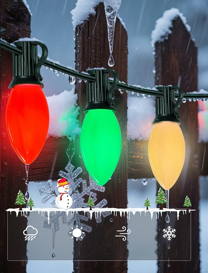 C9 LED Multicolor Christmas Lights Outdoor, 25Ft C9 Vintage Christmas Lights Waterproof with 26 LED Colorful Bulbs, Outdoor Christmas Decorations String Lights for Patio Garden Roofline Holiday Party