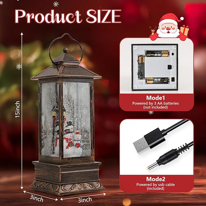 Snow Globe Lantern Christmas Table Decor with Santa Christmas Tree Lighted Scene Indoor Christmas Ornaments Decorations for Home Fireplace Mantle(Snowmen Family)