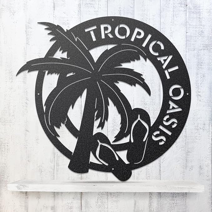 RealSteel - Tropical Oasis Monogram - Custom Wall Art for Beachfront Properties or Vacation Rentals - Great for Backyards, Pools and Patios - Summer Fun, Palm Trees and Sandals (18", Rust)