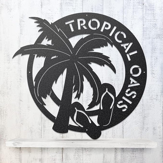 RealSteel - Tropical Oasis Monogram - Custom Wall Art for Beachfront Properties or Vacation Rentals - Great for Backyards, Pools and Patios - Summer Fun, Palm Trees and Sandals (24", Penny Vein)