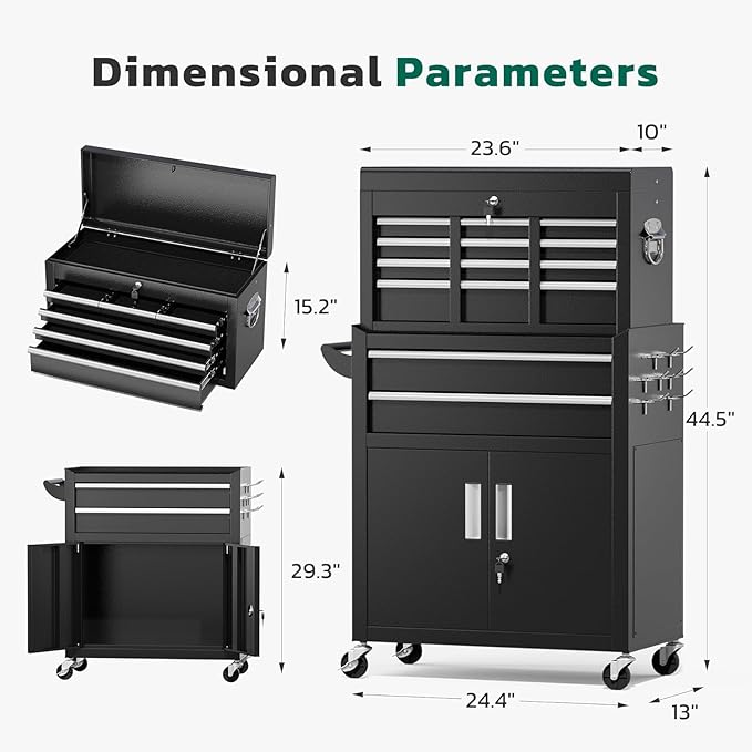 Greenvelly Rolling Tool Chest, 8-Drawer Metal Tool Chest with Wheels, Rolling Tool Cart with Detachable Top Tool Box, Metal Tool Box with Liner & Hooks for Garage, Workshop, Warehouse, Black ?