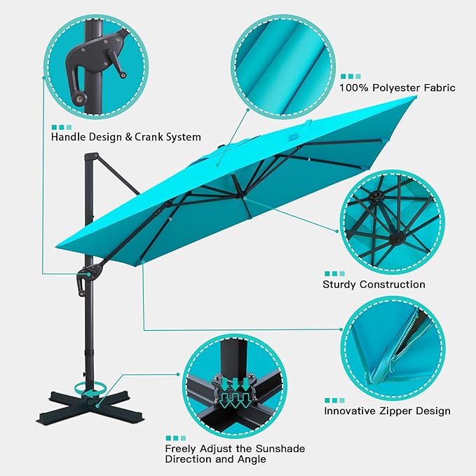 Sunnyglade 10x10Ft Cantilever Patio Umbrella Square Deluxe Offset Umbrella 360°Rotation & Integrated Tilting System Heavy Duty Patio Hanging Umbrella for Market Garden Deck Pool Backyard Patio (Blue)