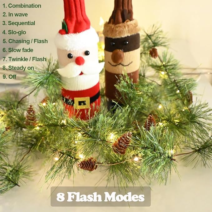 Pre-lit Christmas Garland with Lights 9.84 FT Smokey Pine Garlands 40 LED Fairy Lights Battery Operated with Timer Pine Cones Artificial Greenery Garland Wreath for Christmas Home Mantle Stairs Decor