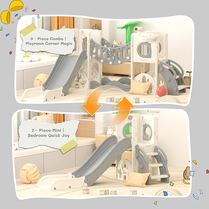 Toddler Playground Playset with Climbing Arch, Golf Set, Slide & Basketball Hoop - Outdoor Toys, Safe & Durable Plastic Garden Equipment (White Gray, Without Swing)