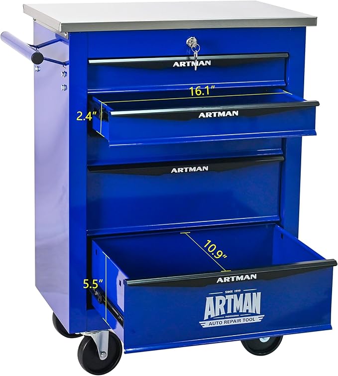 RYH 4/5/6/7 Drawers Rolling Tool Chest -Heavy Duty Mobile Metal Tool Box with Locking Wheels, with Stainless Steel Worktop, Garage Tool Storage Cabinet (Blue, 5-Drawers 30.7 H¡¿22.2 W)