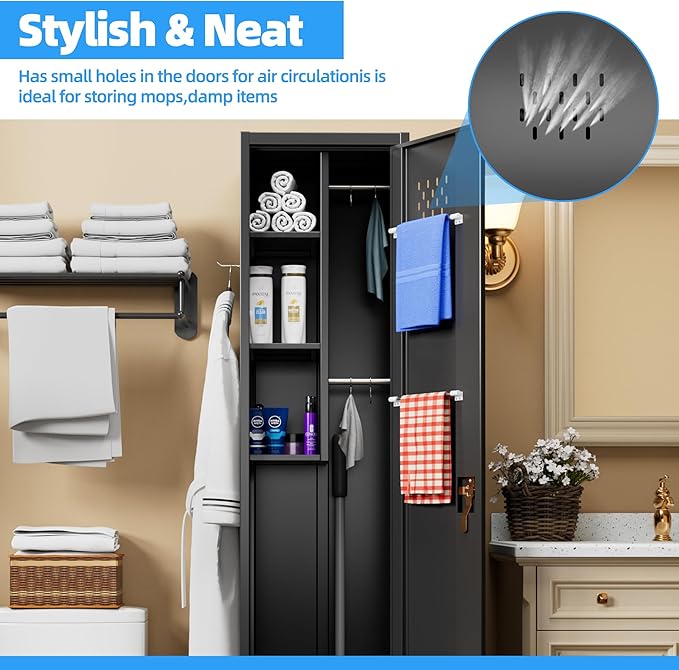 Aobabo Metal Broom Closet Storage Cabinet with Wheels, 72'' Tall Steel Cleaning Tools Garage Cabinet with Pegboards and Hooks,Assembly Required,Black