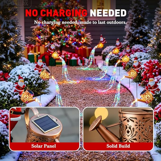 Christmas Santa Solar Kettle Lights Garden Lawn Decorative Lights, Hanging Metal Solar Santa Claus Watering Can Light for Outdoor, Xmas Yard Decor Lamp Vintage Lantern for Patio Path (White)