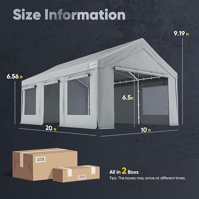 Quictent Heavy Duty 10x20 ft Carports with Side Zipper Doors & Snowproof Steel Cables & Ventilated Windows, Waterproof Storage Shelter for Car, Boat, RV, Outdoor Equipment, Gray