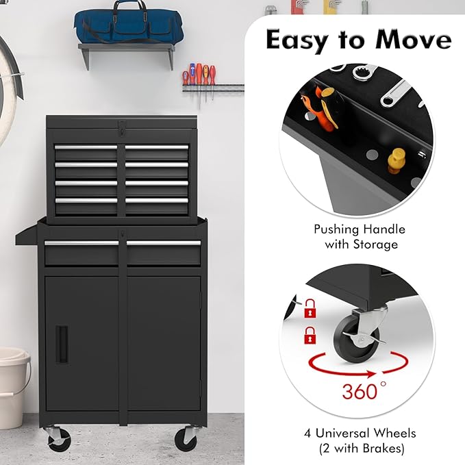 Goplus Tool Chest, 5 Drawers Rolling Tool Cabinet with Detachable Top Toolbox, Universal Lockable Wheels, Lock Bar, Protective Liner & Tool Rack, Metal Tool Storage Cart, Tool Box for Garage Workshop
