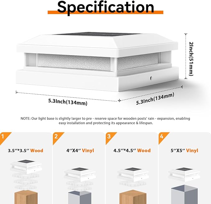 Brightever 4x4 Solar Light Outdoor 4 Packs, Waterproof Solar Powered Post Cap Light for 5x5 Vinyl/Wooden Post with Warm/Cool Lighting, White 16LEDs Deck Cap Lights for Outside, Garden, Patio, Porch
