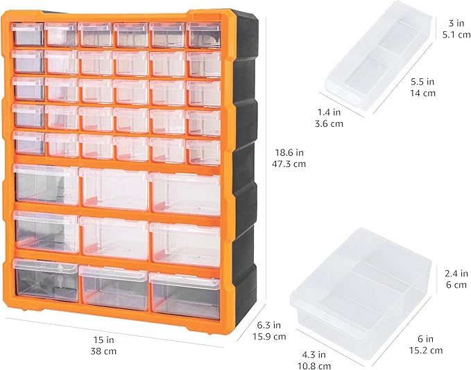 Amazon Basics Wall Mount Hardware and Craft Storage Cabinet Drawer Organizer 39 Drawers, Black, Orange, 15 L x 6.3 W x 18.6 H inches (LxWxH)