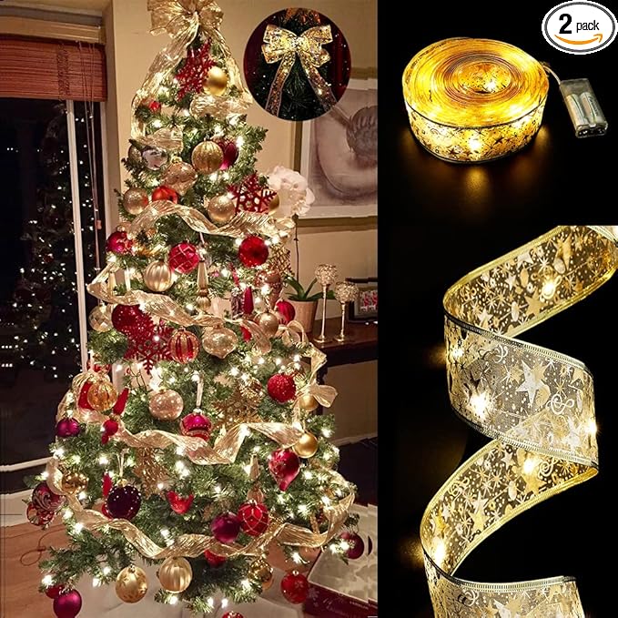 GIHOO Christmas Tree Decorations String Lights 32ft 100 LED Lights Copper Wire Ribbon Bows Lights for Party Weddings Holiday Christmas Tree Decorations (Gold Warm Light Battery Powered)