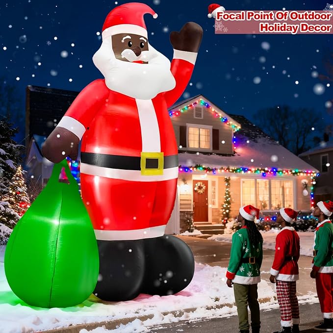 14 Ft by 8.5 Ft Giant Christmas Inflatable Black Santa Holding Gift Bag, African American Christmas Decorations, Blow up Xmas Decor Built in LED Lights for Yard Lawn Garden