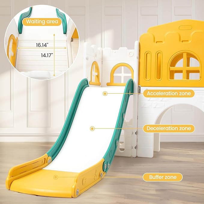 8-in-1 Toddler Slide and Climber Playset for Kids Ages 1-3, Indoor/Outdoor Playground with Basketball Hoop, Tunnel, Telescope, Steering Wheel & Storage, Orange-Green, American Standard