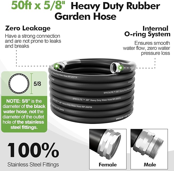 SPECILITE 5/8 Garden Hose 50 ft with High Flow Nozzle, Heavy Duty Flexible Hybrid Rubber Water Hose for Outdoor, Lightweight, Leak-Proof, No-Kink, 3/4Stainless Steel Fittings,Black