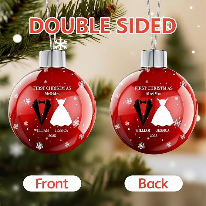 Personalized First Christmas Married Ornament 2025 - Custom Name Christmas Balls, Our First Xmas as Mr and Mrs Christmas Ornament - Bridal Shower Gift, Marriage Gifts, Wedding Gifts for Couples