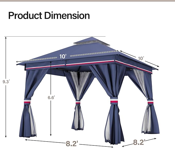 LAUSAINT HOME Semi-Permanent Patio Gazebo 10'x10' with Expansion Bolts, Outdoor Heavy Duty Party Tent with Double Roofs, Mosquito Nettings and Privacy Screens for Backyard, Garden, Lawn, Elegant Blue