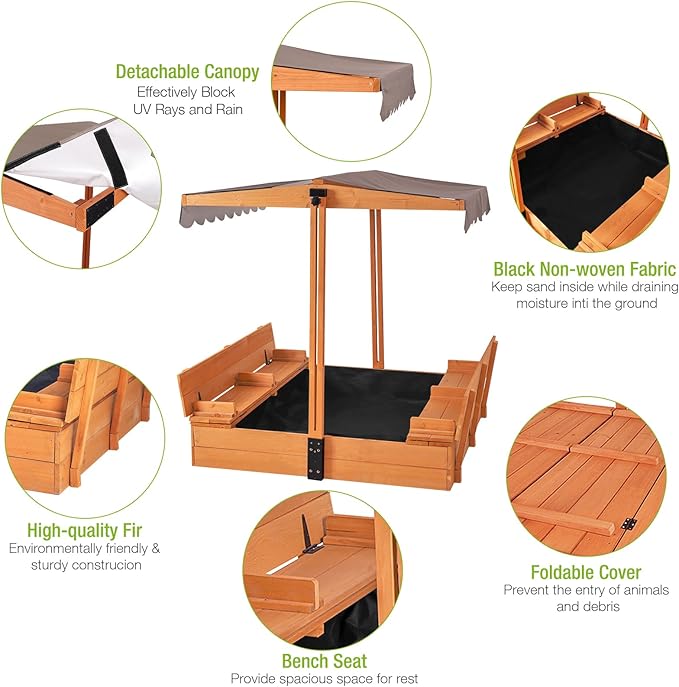 Kids Sandbox Outdoor Large Sand Box with Canopy, Sand Pit with 2 Foldable Bench Seats, for Aged 3-8 Years Old