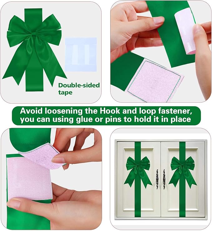 BBTO 6 Pcs Christmas Cabinet Door Green Ribbons 8x40 Inches Festive Large Bow Christmas Wreath Tree Bow Festival Wrapping Decorations for Home Fireplace Door Chair Holiday Party Supplies