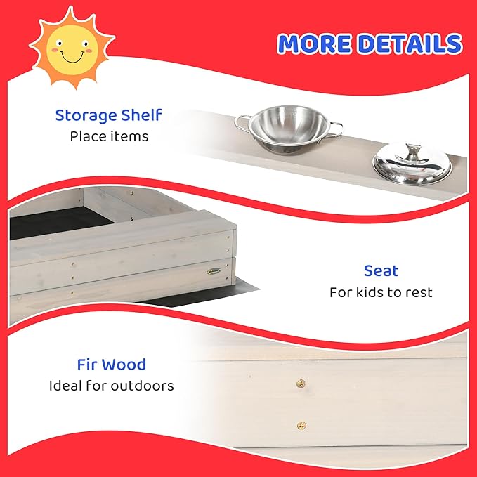 Outsunny Kids Sandbox with Cover, Wooden Outdoor Sandbox with Kitchen Playset Accessories, Height Adjustable Canopy, Outdoor Activity Gift for Boys and Girls Ages 3-7