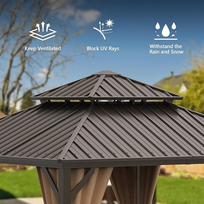 Domi 10'x10' Hardtop Gazebo Canopy,Outdoor Metal Gazebo with Galvanized Steel Double Roof,Curtain and Netting,Permanent Gazebos Pavilion for Patio Deck,Backyard