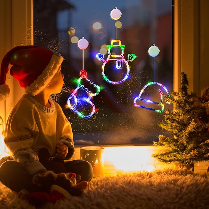 LOLStar Christmas Window Lights, 3 Pack Multicolor Christmas Stocking, Snowman, Santa Hat Lights with Suction Cup, Timer Function and Slow Fade Mode Battery Operated
