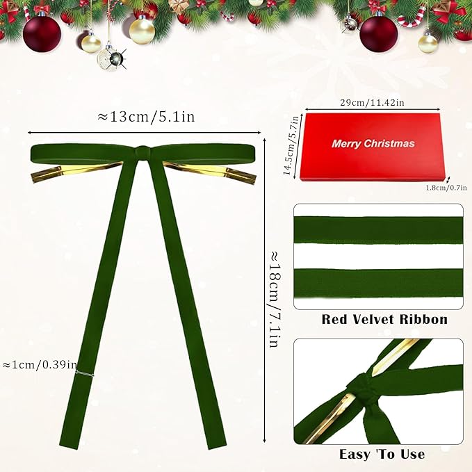24 Pcs Velvet Bows for Christmas Tree Ribbon Bows for Home Tree Garland Wreath Indoor Rustic Crafts Gift Xmas Decorations Holiday Wedding Outdoor (Dark Green)