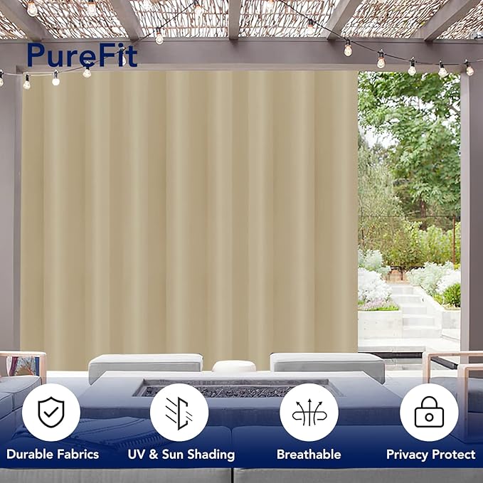 PureFit Outdoor Curtains for Patio Waterproof Weatherproof, UV Resistant Outside Curtains for Gazebo, Front Porch, Pergola, Sun Blocking Privacy Curtain, 120W x 108L inch, 1 Panel, Beige