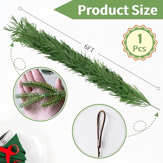 6FT Christmas Garland Artificial Norfolk Pine Garlands Real Touch Winter Green Greenery Garland Christmas Decoration Xmas Garland for Door Table Mantle Wall Indoor Outdoor Christmas Decor