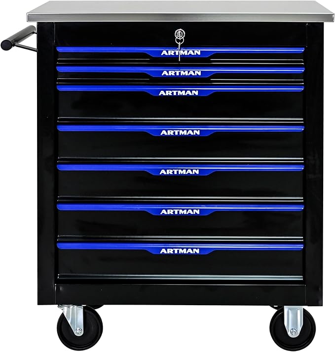 RYH 4/5/6/7 Drawers Rolling Tool Chest -Heavy Duty Mobile Metal Tool Box with Locking Wheels, with Stainless Steel Worktop, Garage Tool Storage Cabinet (Black-Blue, 7-Drawers 30.7 H¡¿25.9 W)