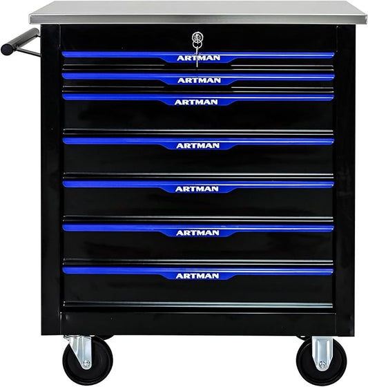 RYH 4/5/6/7 Drawers Rolling Tool Chest -Heavy Duty Mobile Metal Tool Box with Locking Wheels, with Stainless Steel Worktop, Garage Tool Storage Cabinet (Black-Blue, 7-Drawers 30.7 H¡¿25.9 W)