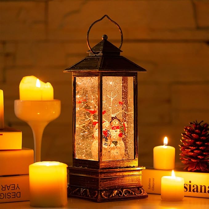 Christmas Snow Globe Lantern Christmas Decorations, Xmas Gifts Christma Vintage Home Decor Indoor,Sparkling with Music 6H Timer, Holiday Party Gifts (Snowman Family Lantern)