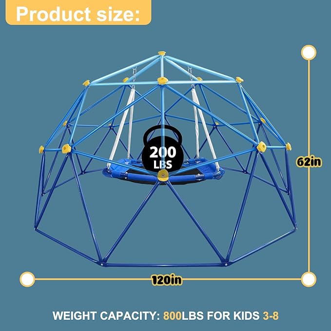 10FT Climbing Dome with Saucer, 800LBS Capacity Blue Jungle Gym for Kids Ages 4-8, Kids Climbing Toys for Outdoor Playground