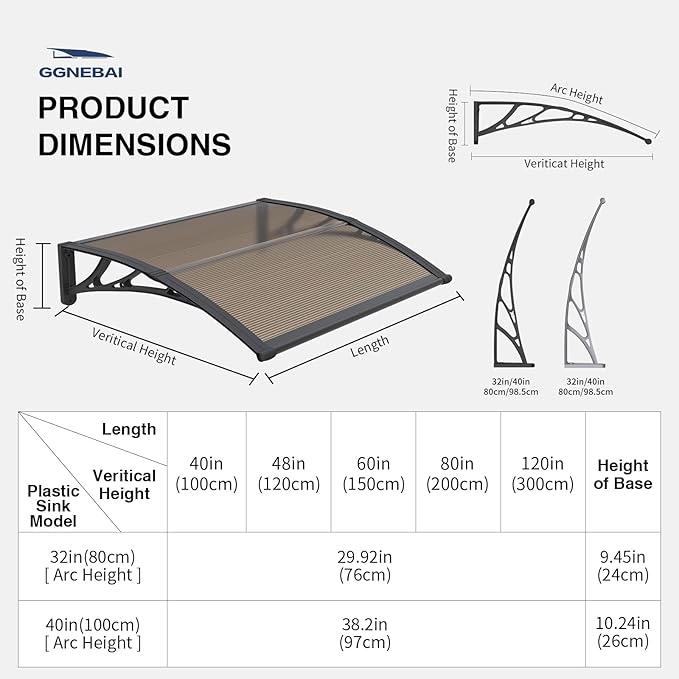 Awning for Door Entrance,40x40 Inches Window Awnings for Doors Canopy Polycarbonate Cover Patio Door Awning UV Rain Snow Sunlight Protection Hollow Shee